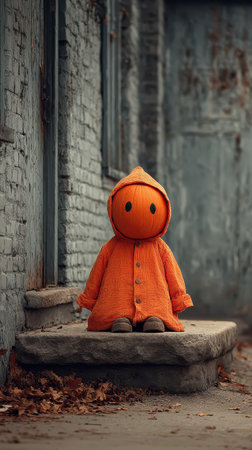 An orange clad figure waits quietly on a stone step surrounded by an eerie atmosphere of an abandoned building in autumn.の素材