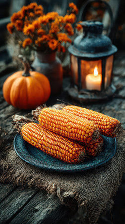 Bright orange corn sits on a rustic plate surrounded by cozy autumn decorations and a warm lantern creating a perfect fall atmosphere.の素材