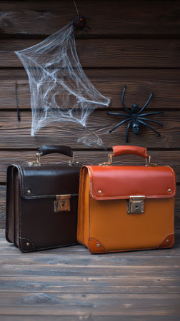 Two vintage leather briefcases in brown and orange are displayed against a wooden background with Halloween spider webs and a creepy spider.の素材