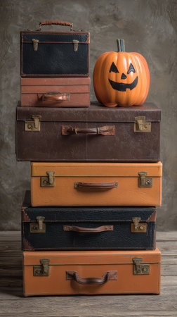 A charming arrangement of stacked vintage suitcases showcases a playful Halloween pumpkin creating a warm and inviting autumn atmosphere.の素材