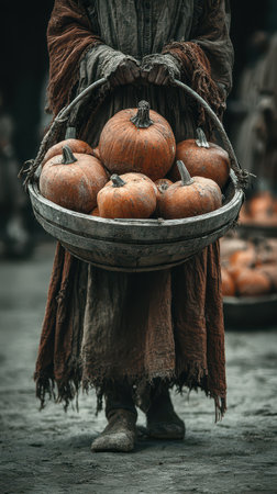 A person dressed in rustic attire carries a large basket filled with vibrant pumpkins perfect for Halloween decoration and festivities.の素材