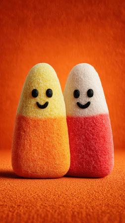 Two cute plush candy corn characters stand together against a bright orange backdrop radiating joy and Halloween spirit for all to see.の素材