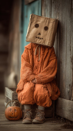A whimsical scarecrow with a cardboard head sits quietly beside a carved pumpkin capturing the essence of Halloween festivities in a cozy setting.の素材