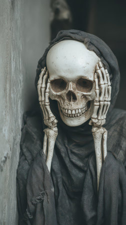 A skeleton dressed in dark clothing holds its head while standing in a spooky atmosphere perfect for Halloween celebrations and decorations.の素材