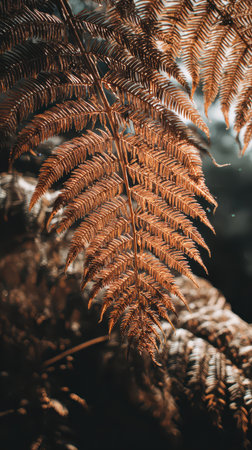 Ferns turn golden brown as autumn settles in illuminated by soft warm light creating a tranquil scene perfect for Halloween strolls.の素材