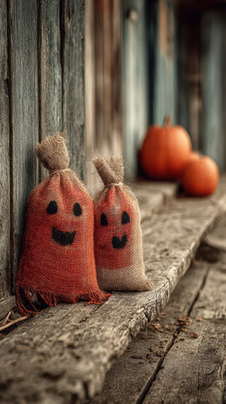 Two cute burlap ghost sacks sit on a weathered porch surrounded by pumpkins creating a cozy Halloween vibe.の素材