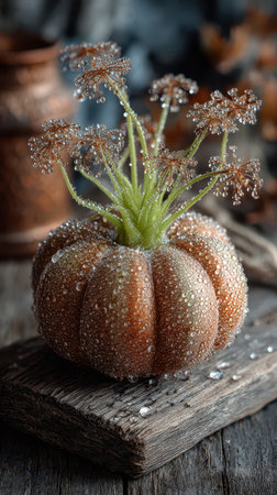 A unique pumpkin adorned with flowers and droplets sits on rustic wood. The scene captures the spirit of Halloween showcasing creativity and charm.の素材