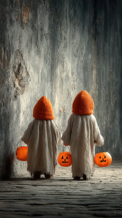 Two kids in cozy white costumes stand in a dimly lit hallway. They carry cheerful orange pumpkin bags ready for Halloween fun.の素材