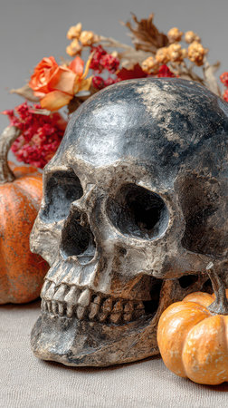 A decorative skull rests beside small pumpkins and dried flowers creating a haunting yet festive scene perfect for Halloween.の素材