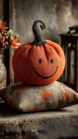 A joyful pumpkin sits on a beautiful cushion bringing fall spirit to a cozy space. Warm colors create a cheerful atmosphere for Halloween.の素材