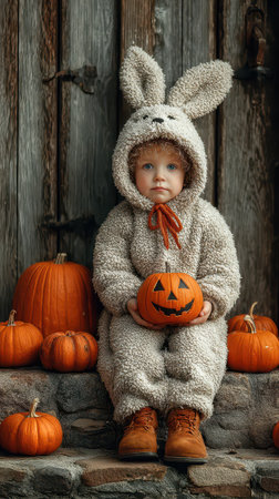 A child in a cozy bunny costume sits surrounded by bright orange pumpkins.の素材