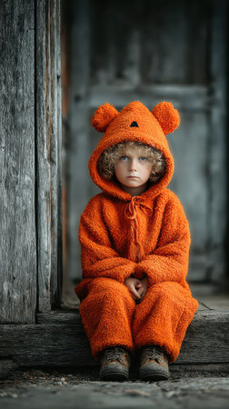 A young child sits quietly on wooden steps wearing a cozy orange bear costume perfect for Halloween festivities.の素材