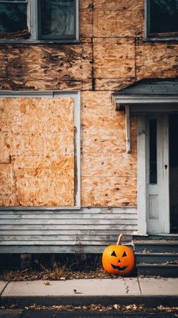 A bright orange jack o lantern sits on the steps of a rundown house. The wooden boards cover the windows enhancing the spooky atmosphere.の素材