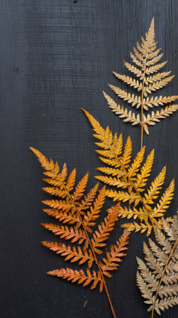 Fallen leaves in shades of orange and yellow lie on a dark wooden surface creating a festive Halloween atmosphere with an autumn touch.の素材