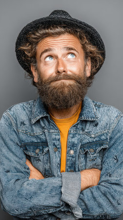 A man with curly hair and a bushy beard wears a denim jacket and hat. He looks up with a cheerful expression in a cozy atmosphere.の素材