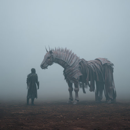 In a dense fog a cloaked figure stands before a grand horse covered in metal armor creating an eerie yet captivating atmosphere.の素材