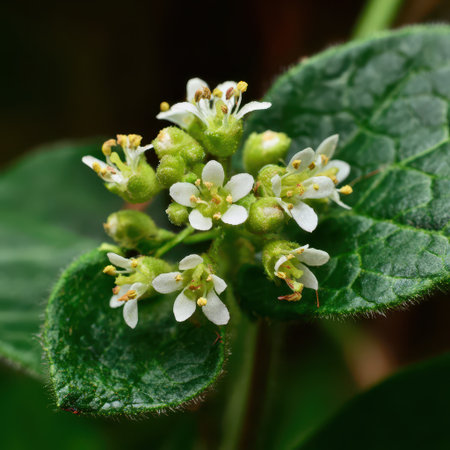 In a forest setting tiny white flowers emerge from vibrant green leaves showcasing the beauty of nature during springtime blooms.の素材