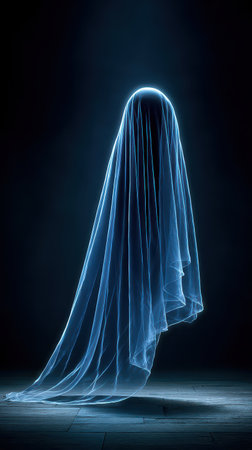 A glowing figure draped in sheer white fabric stands alone in a dark space creating an ethereal and mysterious atmosphere.の素材