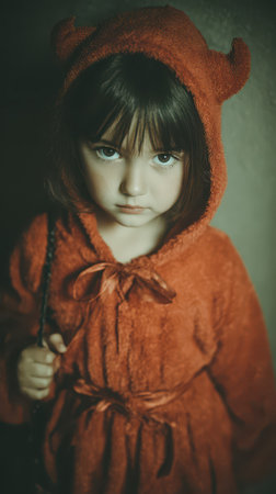 A young child stands in a fuzzy red outfit with a hood holding a small bag. They display a serious look creating a unique contrast.の素材