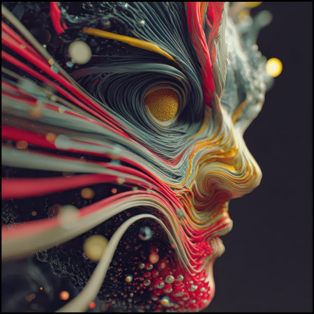 A vibrant abstract face emerges from flowing lines and colors.の素材