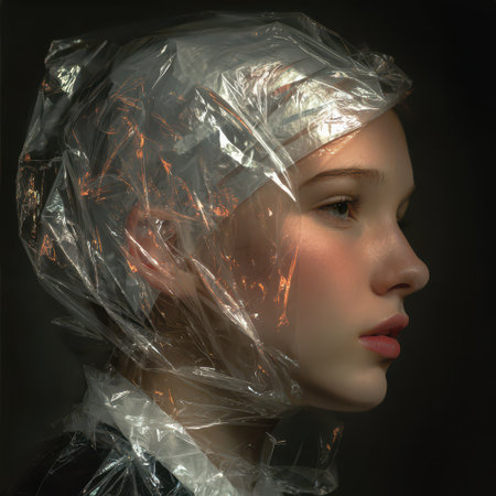 A young girl gazes thoughtfully her head wrapped in plastic standing in striking contrast to the dark background.の素材
