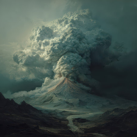 Volcanic mountain releases a huge cloud of ash while smoke billows into the sky. Dark surroundings add to the intense atmosphere during the eruption.の素材