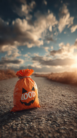 An orange Halloween bag sits on a quiet road under a stunning sunset sky highlighting the spirit of the season and autumn beauty.の素材