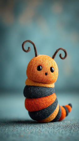 A small colorful caterpillar toy with an orange and black body sits on a soft blue surface. Its cute features delight viewers.の素材