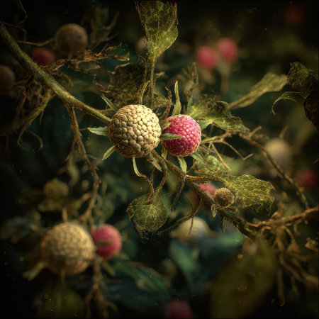 A cluster of vibrant berries hangs from a twisting vine surrounded by dark green leaves. The bright colors pop against the moody backdrop.の素材