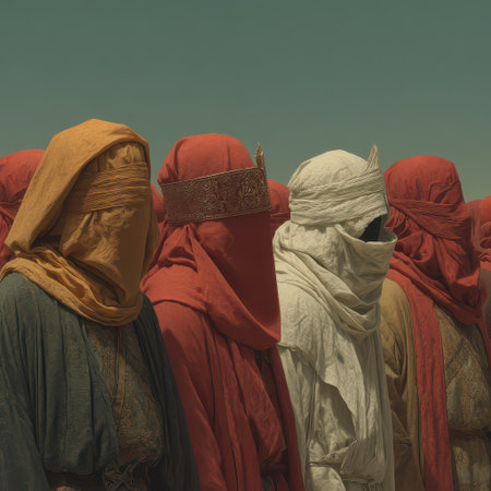 In a vast desert a group of figures stands together wearing brightly colored garments and head coverings.の素材