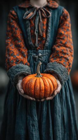 A person in a vintage dress holds a bright orange pumpkin close evoking autumn vibes in a rustic setting filled with seasonal warmth.の素材