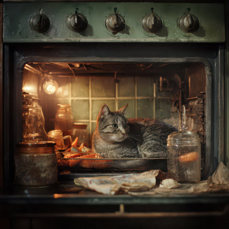 A relaxed cat enjoys lounging in an old oven surrounded by jars and kitchen clutter creating a scene full of warmth and charm.の素材