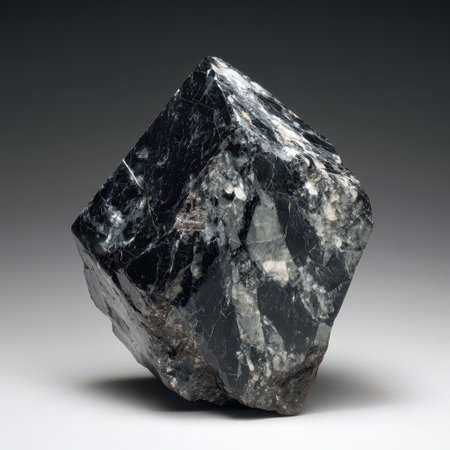 A stunning black mineral rock stands in strong light revealing sparkling crystals and a bold texture capturing the essence of natural beauty.の素材