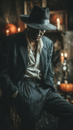 A dapper man in a pinstriped suit sits thoughtfully enveloped by flickering candlelight and autumn decorations creating a moody atmosphere.の素材