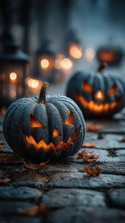 Carved pumpkins glow with eerie faces in a dark setting surrounded by softly lit lanterns. Autumn leaves add to the ambiance.の素材