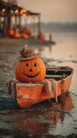 A cheerful pumpkin with a hat sits in an old wooden boat on a tranquil shore at sunset surrounded by glowing Halloween decorations.の素材