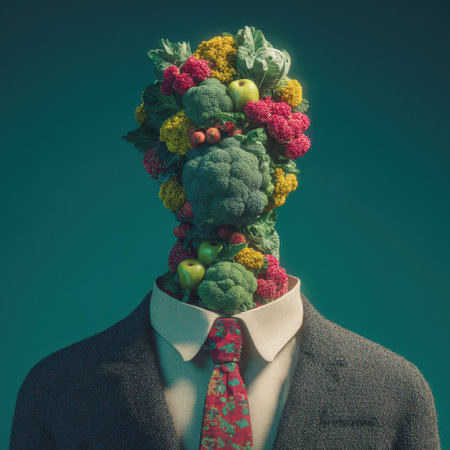 A suited figure stands still its head a vibrant mix of fresh fruits and veggies blending nature with human elements.の素材