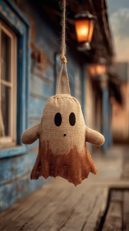 A burlap ghost hangs from a string outside a weathered blue building creating a whimsical atmosphere in the twilight of an autumn evening.の素材