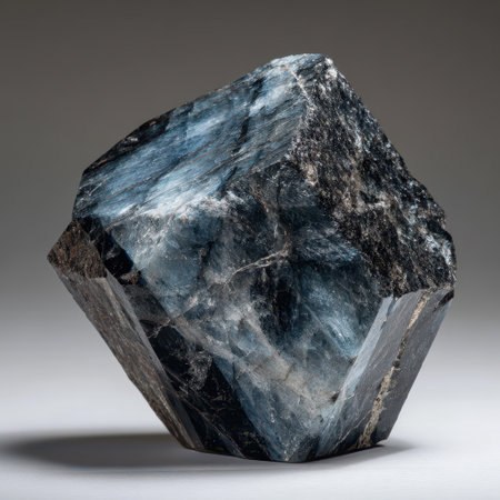 A striking mineral specimen displays shades of blue and black catching light in an artistic manner on a neutral background.の素材