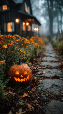 A carved pumpkin glows cheerfully beside a stone path surrounded by vibrant flowers. The scene features soft mist and a cozy cabin in the distance.の素材