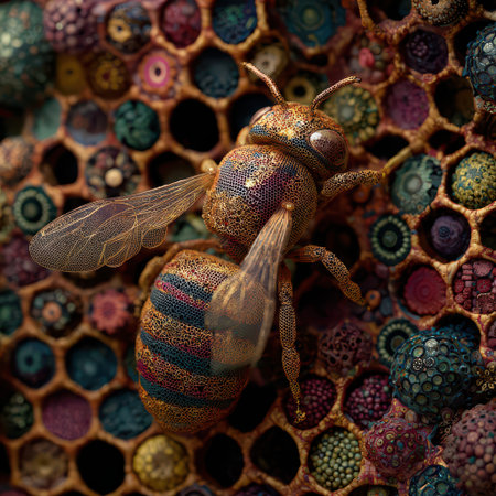 A colorful bee navigates through a beautifully patterned honeycomb filled with intricate details and vibrant hues showcasing natures artistry.の素材