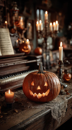 A carved pumpkin grins on a wooden table surrounded by candles and festive decorations creating an inviting Halloween atmosphere.の素材