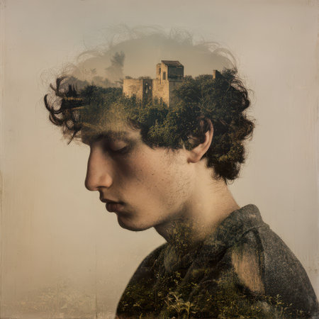 A young man stands in profile his mind filled with a serene landscape of trees and a distant ancient structure embodying calm and contemplation.の素材