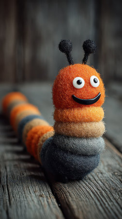 A vibrant felt caterpillar with bright colors and a happy face rests on a rustic wooden surface charming viewers with its playful design.の素材