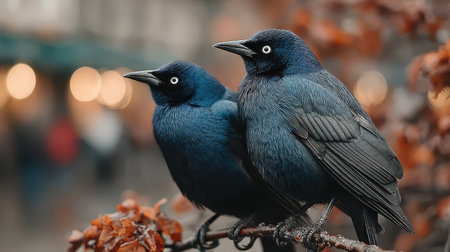 Two striking blue birds sit together on a branch surrounded by orange and brown leaves during a crisp autumn day adding life to the scene.の素材