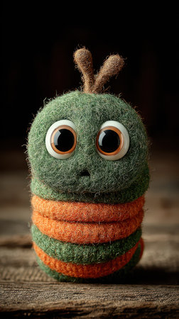A whimsical woolen creature sits on a wooden surface its vibrant green and orange stripes accented by large expressive eyes. It looks curious.の素材