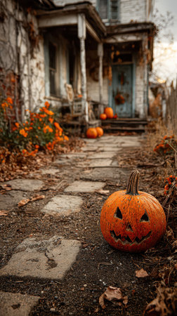 A spooky walkway leads to an old house surrounded by vibrant orange pumpkins. Fall leaves scatter the ground setting a haunting scene.の素材