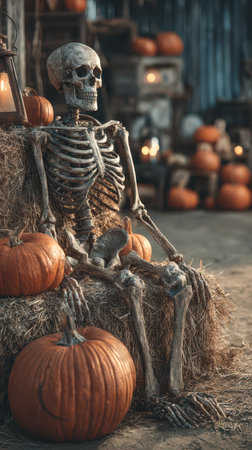 A skeleton sits comfortably on hay bales surrounded by vibrant orange pumpkins. The cozy autumn scene features soft candlelight in the background.の素材