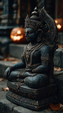 A detailed statue of a deity sits peacefully among autumn leaves illuminated by warm pumpkin light creating a mystical atmosphere.の素材