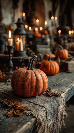 Vibrant pumpkins rest on a weathered table surrounded by flickering candles and autumn leaves capturing the essence of the fall season.の素材